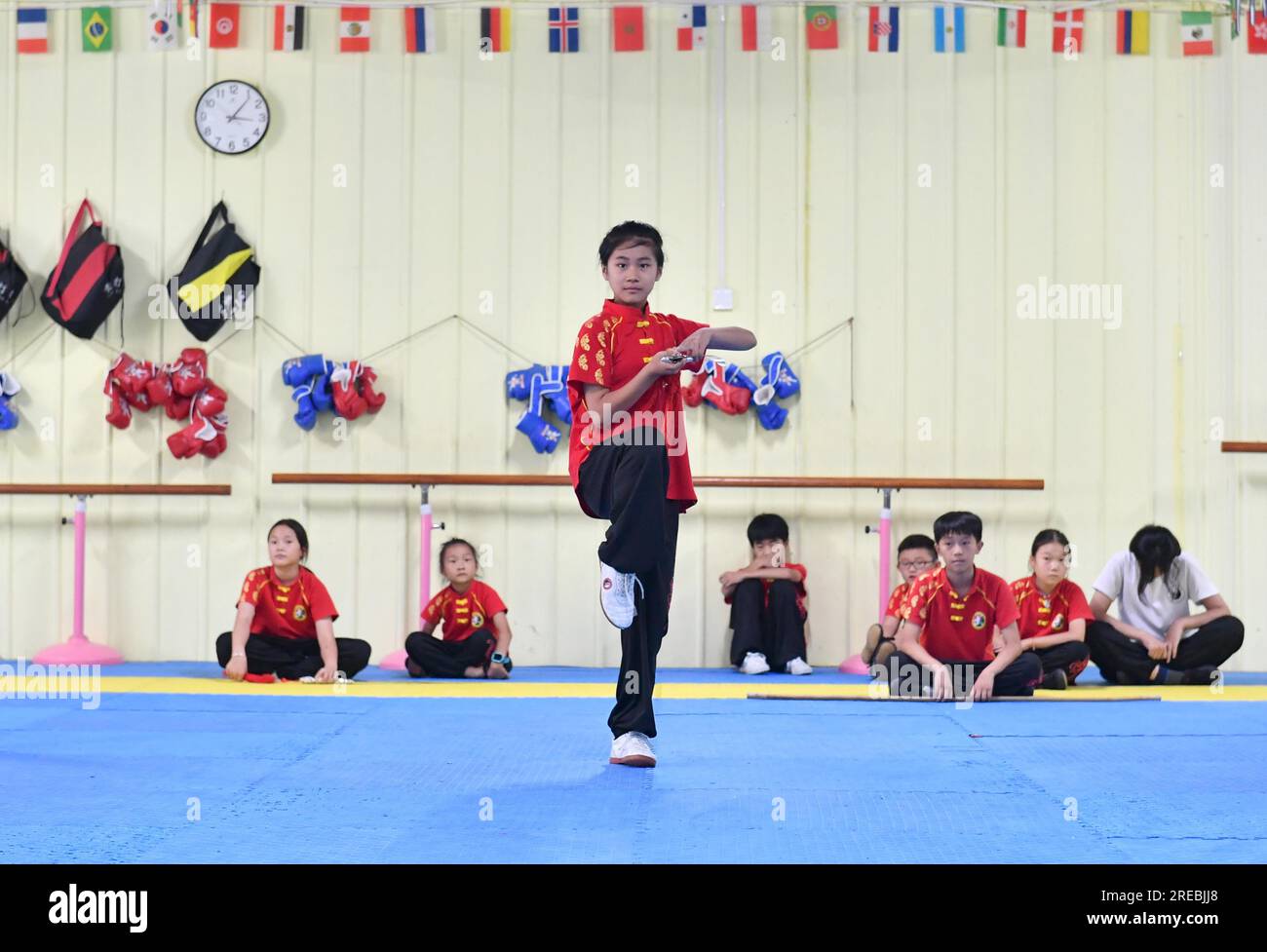 Students practice Chinese martial arts during the summer vacation in