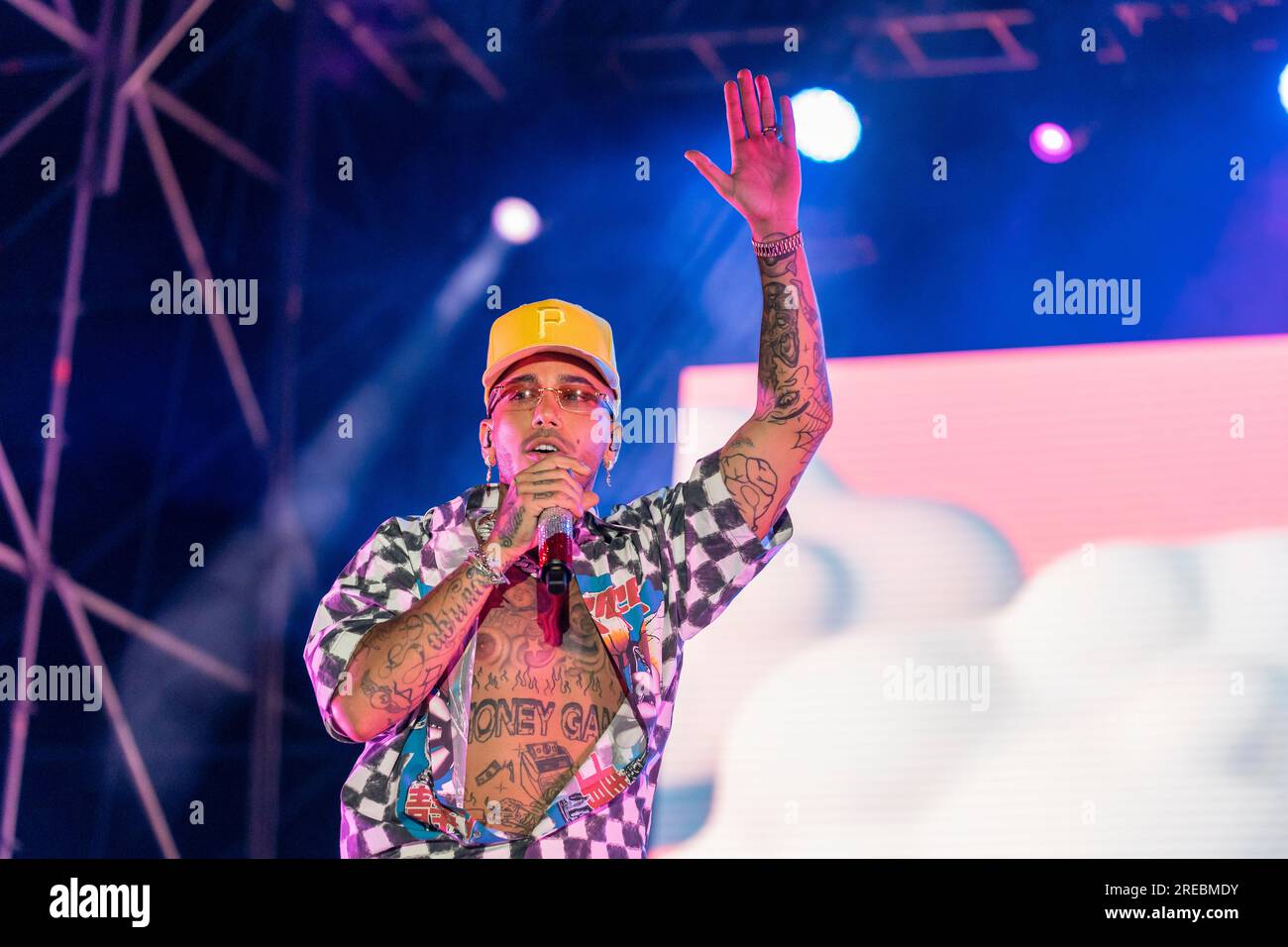 Sfera Ebbasta performs at Shock Wave Festival in Francavilla al Mare,  Italy, on July 22, 2023. (Photo by Marco Zac/NurPhoto) Credit: NurPhoto  SRL/Alamy Live News Stock Photo - Alamy