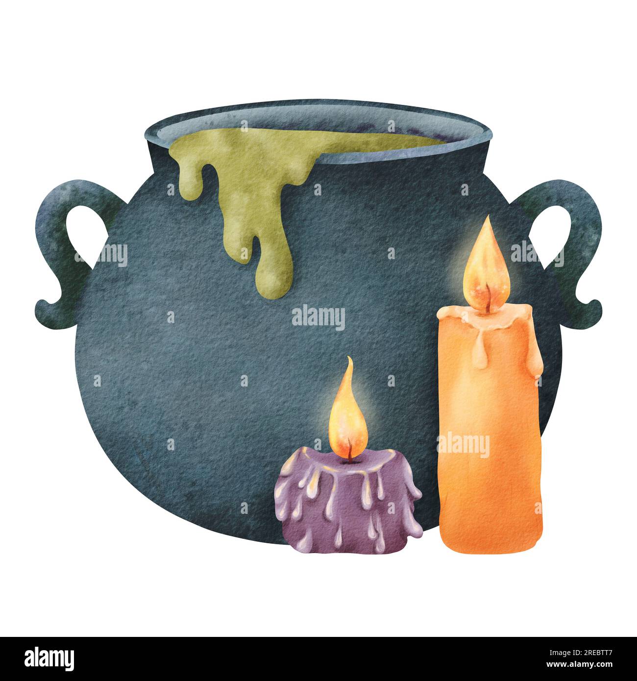 Composition of candles with a bright flame and dark cauldron with a