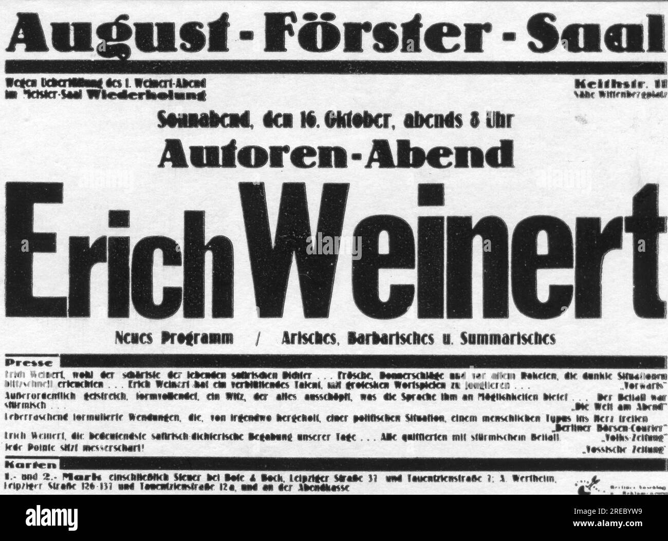 Weinert, Erich, 4.8.1890 - 20.4.1953, German author / writer, announcement of a recitation, ADDITIONAL-RIGHTS-CLEARANCE-INFO-NOT-AVAILABLE Stock Photo