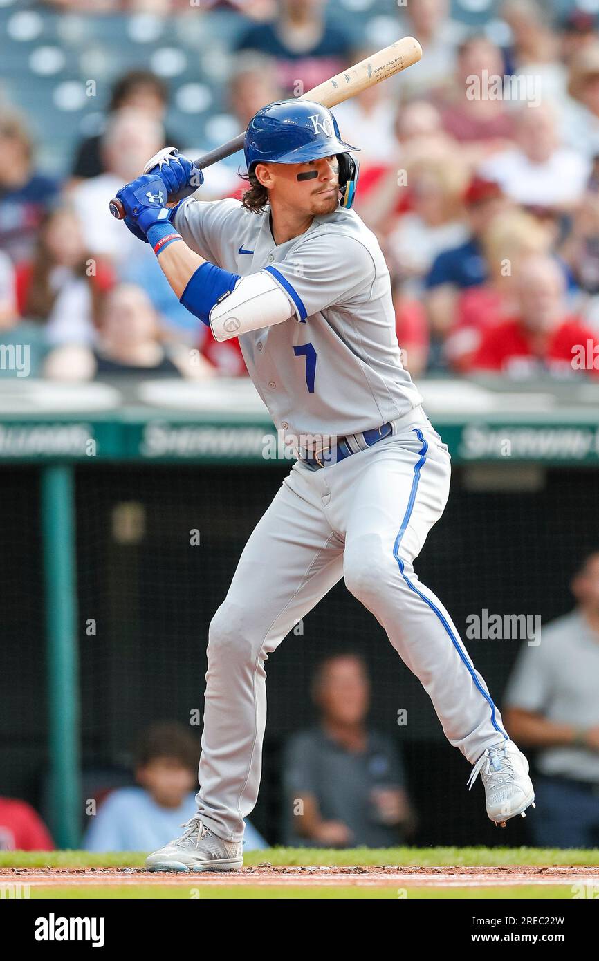 Kansas City, United States. 30th Mar, 2023. Kansas City Royals shortstop  Bobby Witt Jr. (7) hits a Minnesota Twins pitch during the first inning on  the Opening Day at Kauffman Stadium in