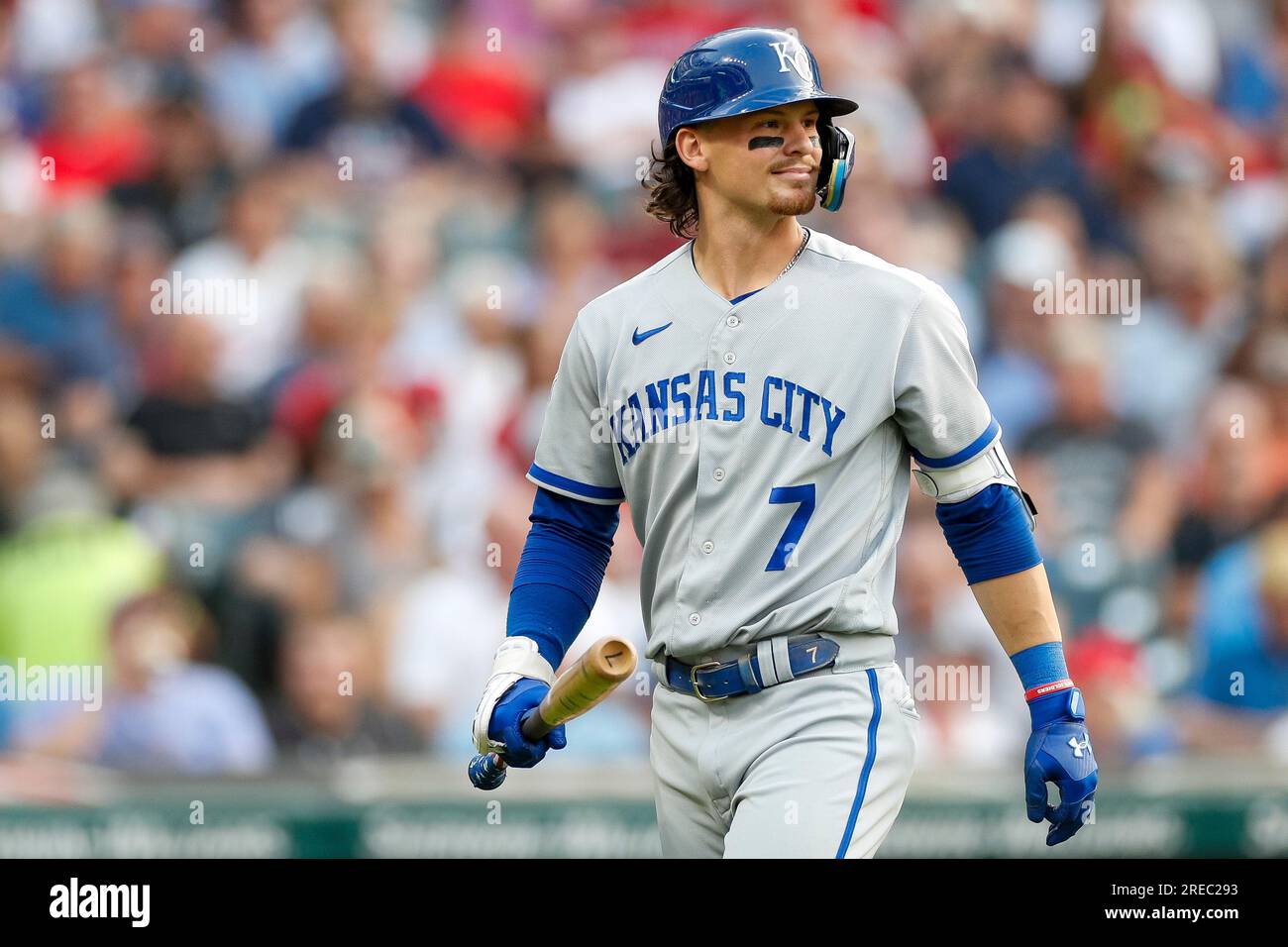 Kansas City Royals' Bobby Witt Jr. warms up before a baseball game