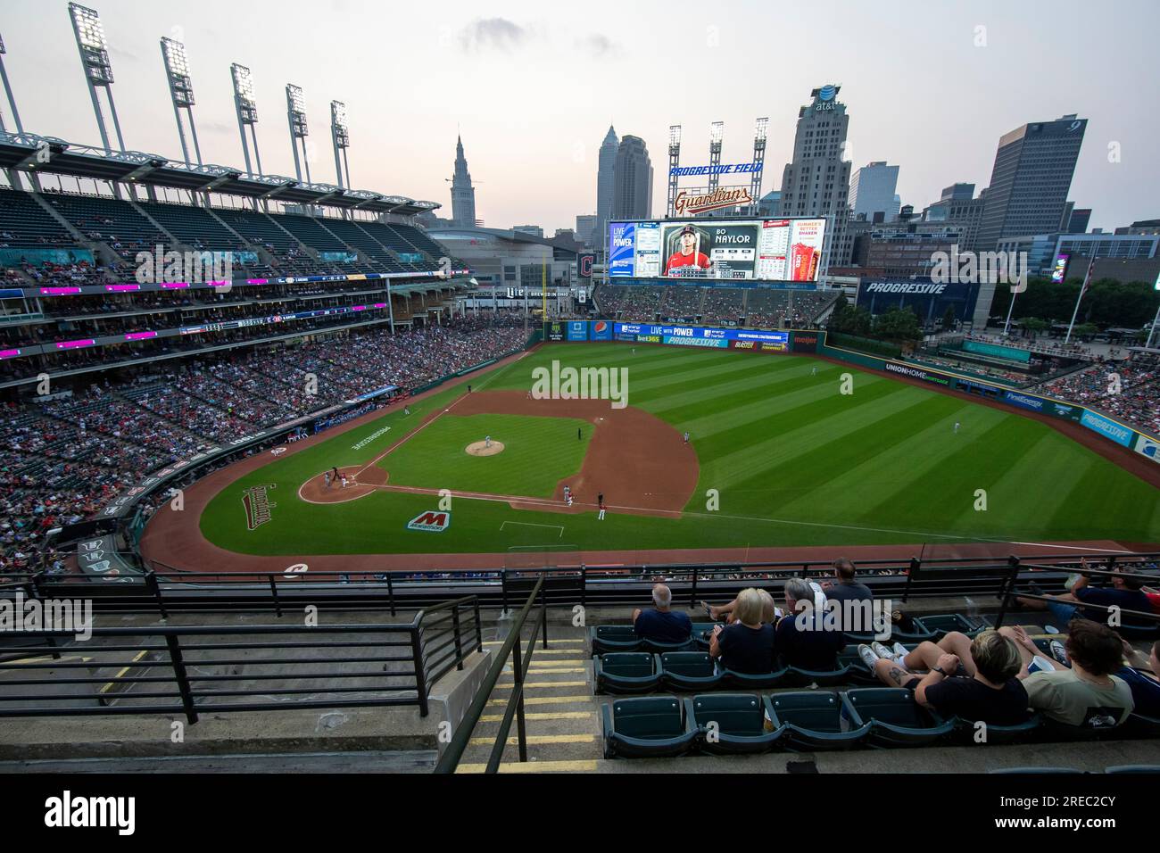 Cleveland, United States. 10th Aug, 2023. Toronto Blue Jays Danny Jansen  (9) sits on second base during a Cleveland Guardians pitching change in the  sixth inning at Progressive Field in Cleveland, Ohio