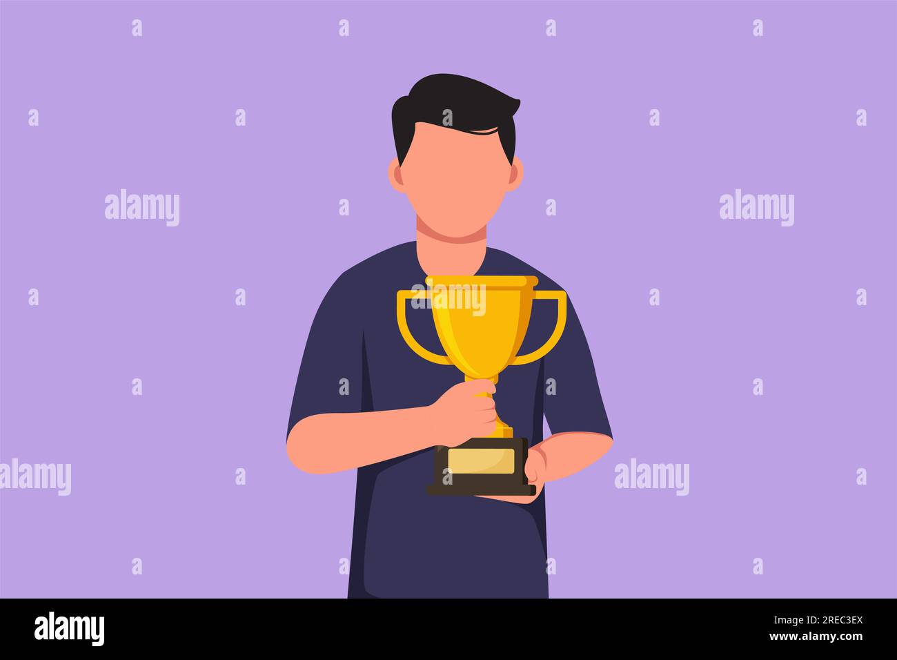 Character flat drawing male athlete wearing sports jersey holding golden trophy with both hands in front of his chest. Celebrating victory of national Stock Photo