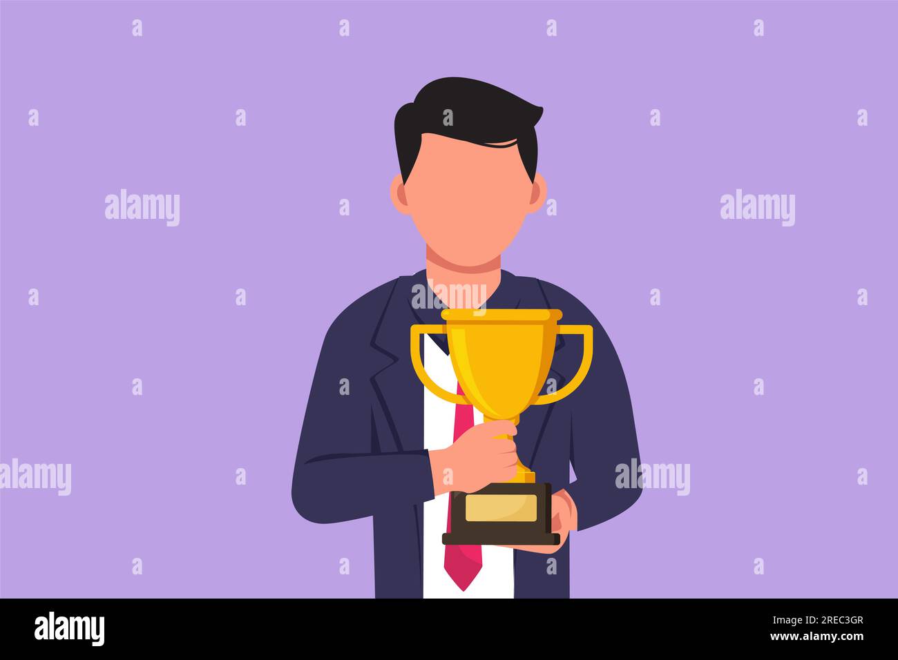 Cartoon flat style drawing happy businessman in suit and tie holding golden trophy with both hand in front of his chest. Winning business competition Stock Photo