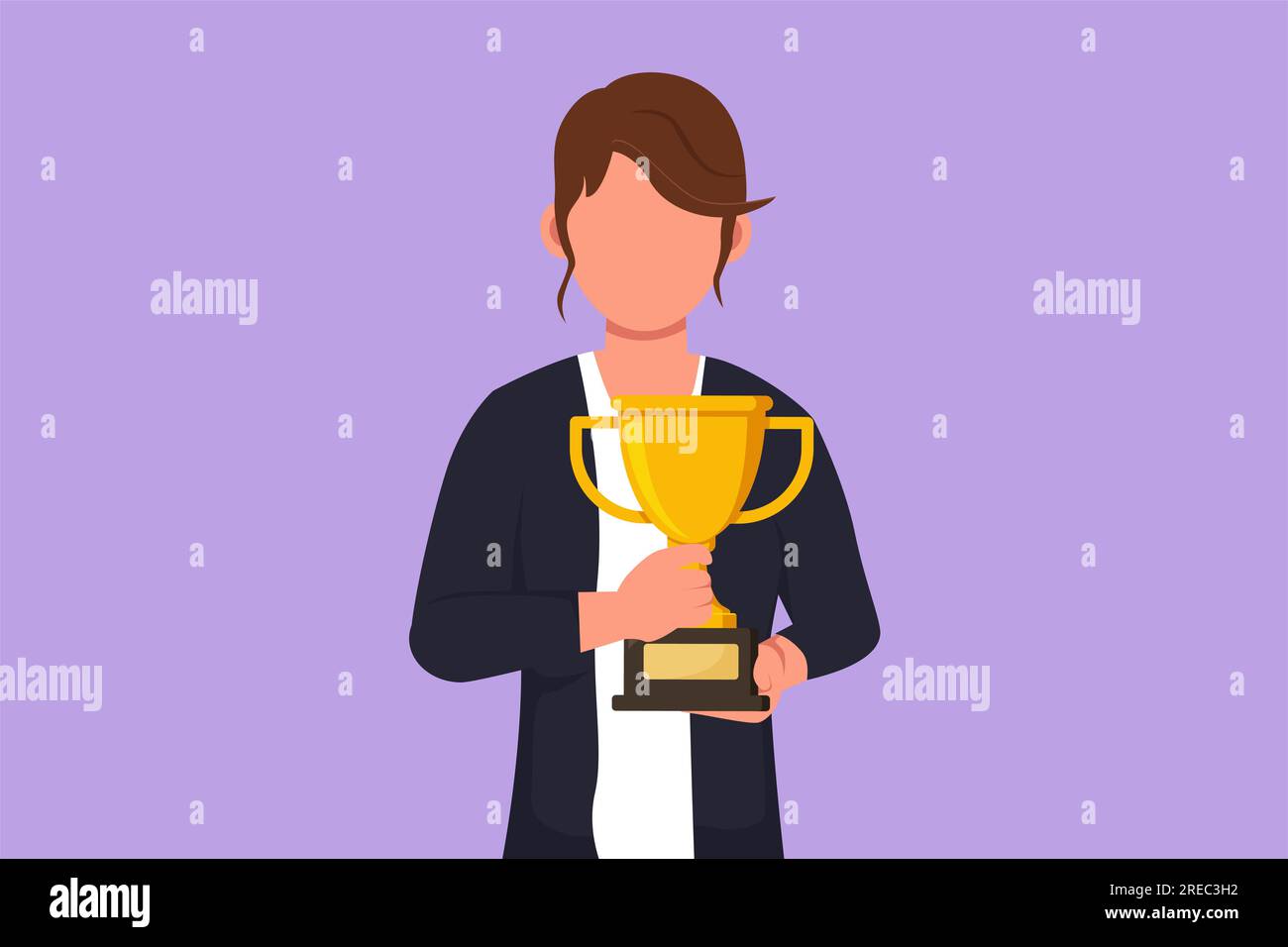 Character flat drawing happy businesswoman in formal blazer holding golden trophy with both hand in front of her chest. Winning business competition o Stock Photo