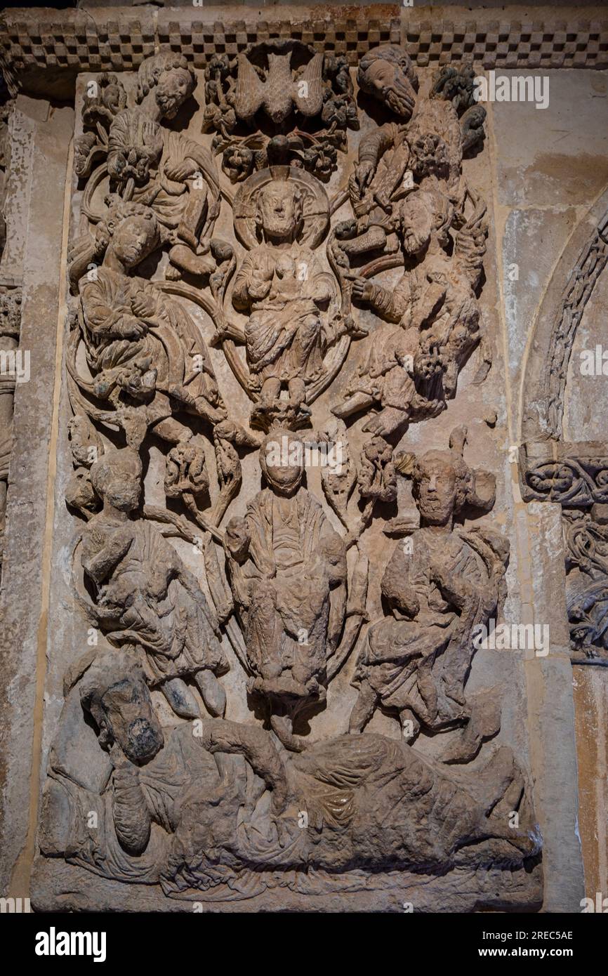relief with the genealogy of Christ, tree of Jese, XII century, cloister of Santo Domingo de Silos, Burgos province, Spain Stock Photo