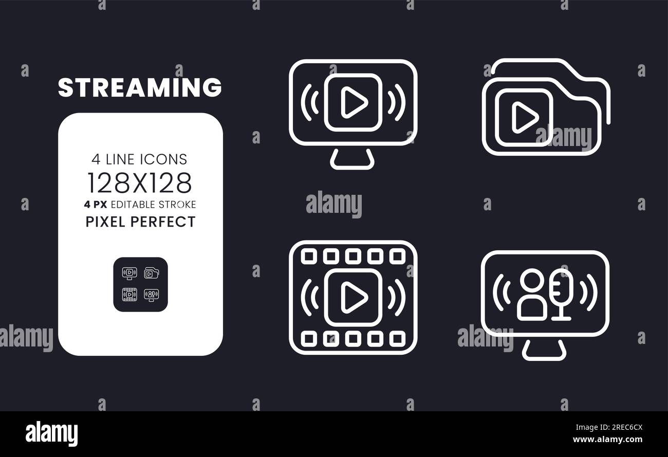 Streaming white linear desktop icons on black Stock Vector