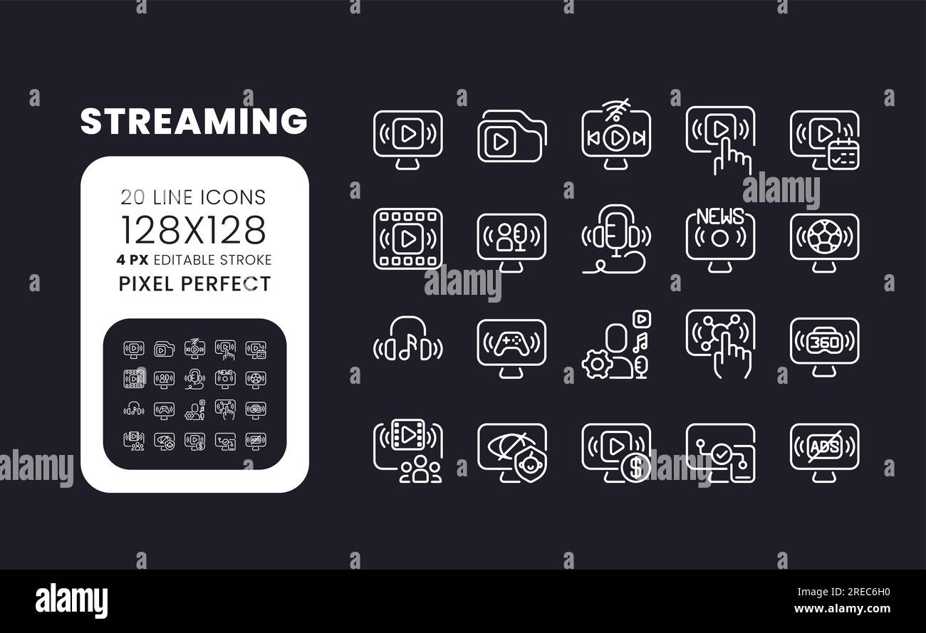 Streaming white linear desktop icons on black Stock Vector
