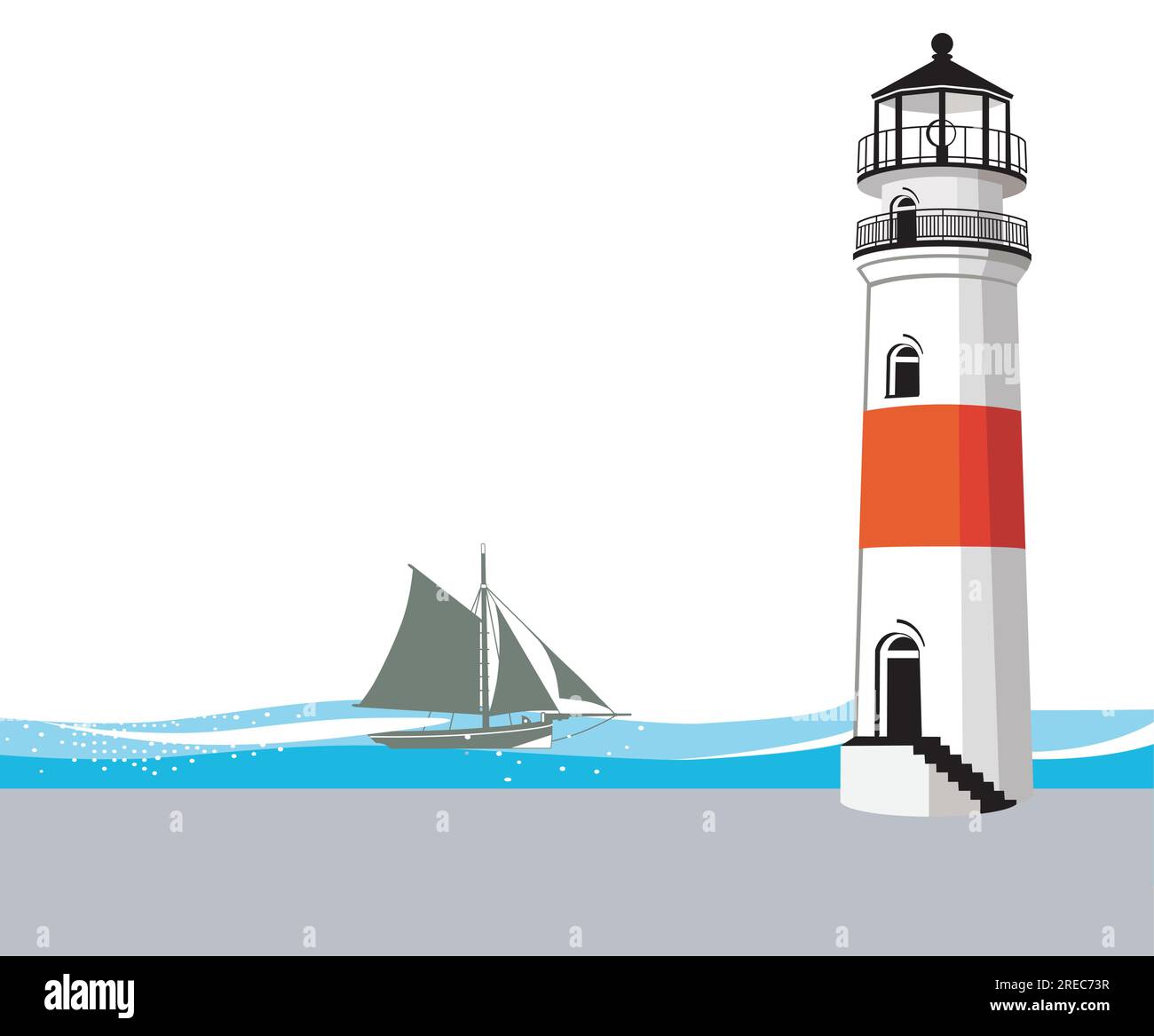 Lighthouse and sailing ship illustration Stock Vector