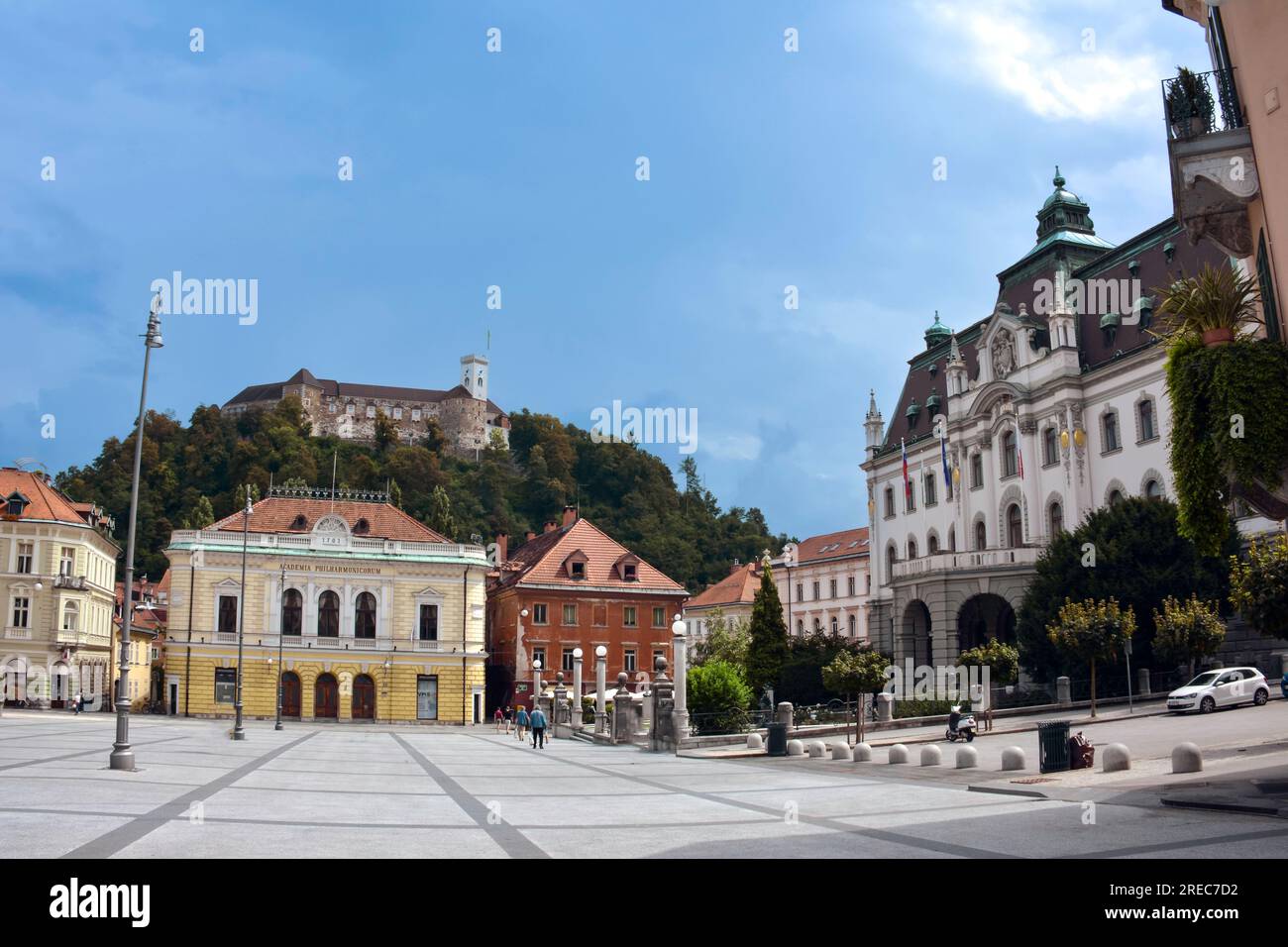 The Congress Square of Ljubljana with the Castle in the Background Stock Photo