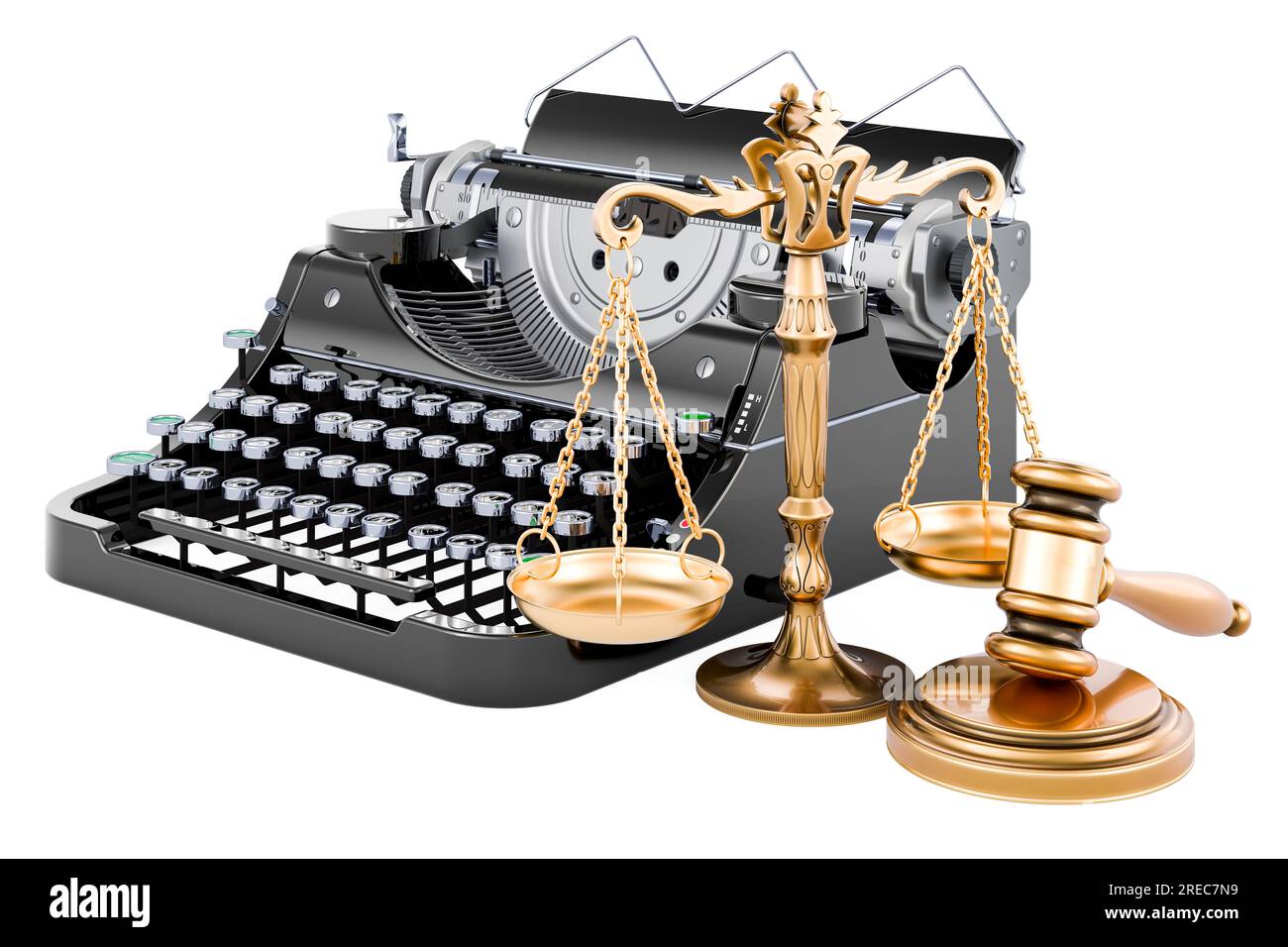 Typewriter with wooden gavel and scales of justice. 3D rendering