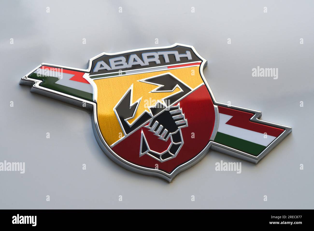 Florence, ITALY - 3 March, 2019: Detail of ABARTH Logo on a white