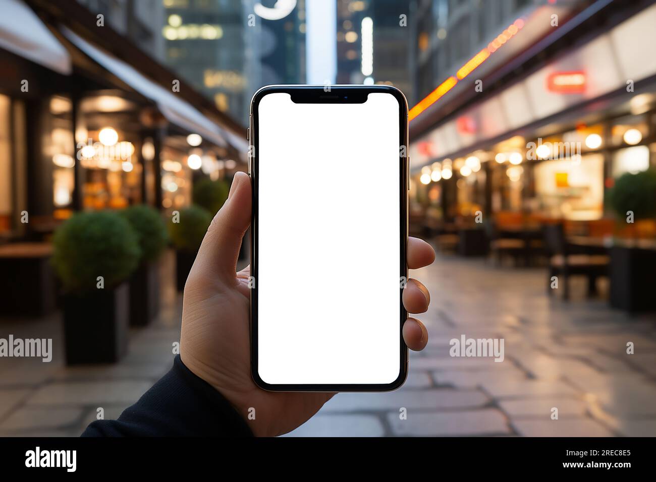 Mockup of male hand holding smartphone with white empty screen in the ...