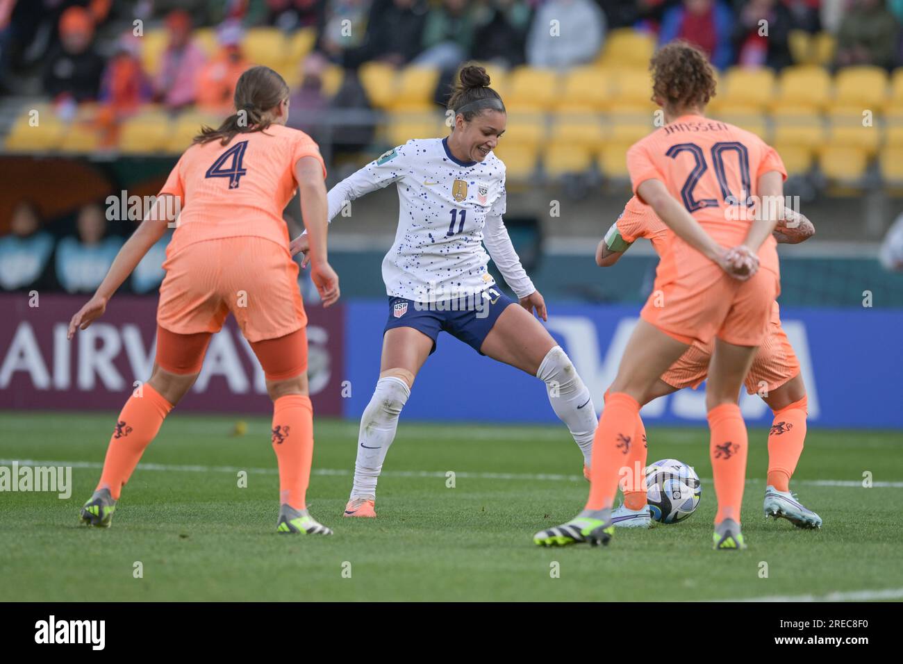 Wellington, New Zealand. 27th July, 2023. Aniek Nouwen (L), Dominique Johann Anna P Janssen (R) of the Netherlands women soccer team and Sophia Olivia Smith (R) of the USA Women soccer team are seen in action during the FIFA Women's World Cup 2023 match between USA and The Netherlands held at the Wellington Regional Stadium. Final score USA 1:1 The Netherlands Credit: SOPA Images Limited/Alamy Live News Stock Photo