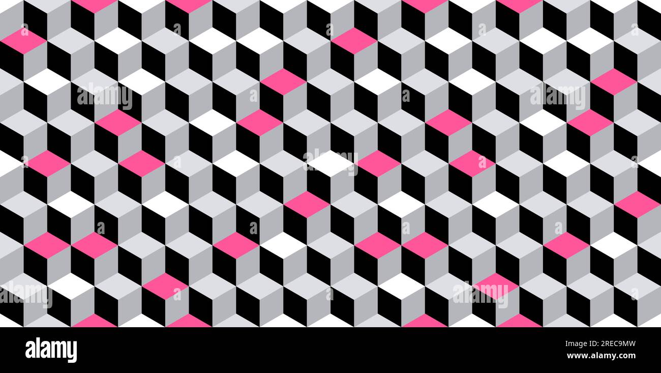 Abstract cube pattern. 3D optical illusion tumbling blocks hexagon tiles. Cuboid seamless tiles pattern. Grey, pink, white and black modern vector tex Stock Vector