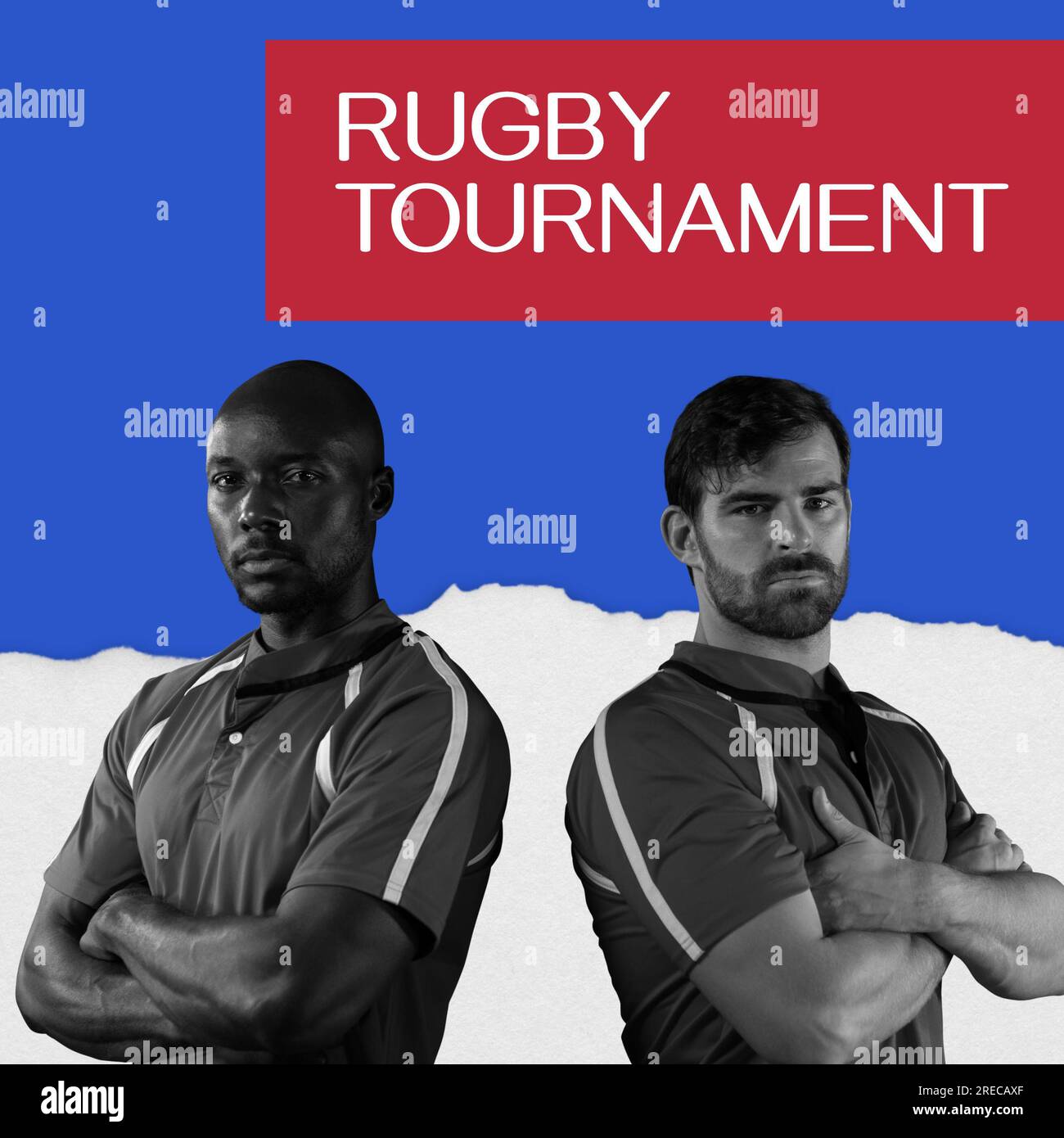 Rugby tournament text in white on red and blue with portrait of two diverse male rugby players Stock Photo