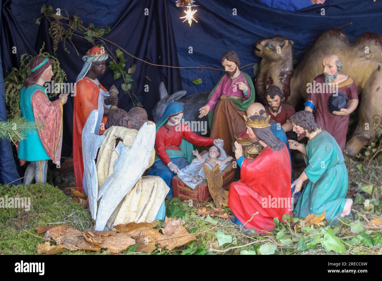 Christmas nativity scene represented with statuettes of Mary, Joseph and baby Jesus Stock Photo