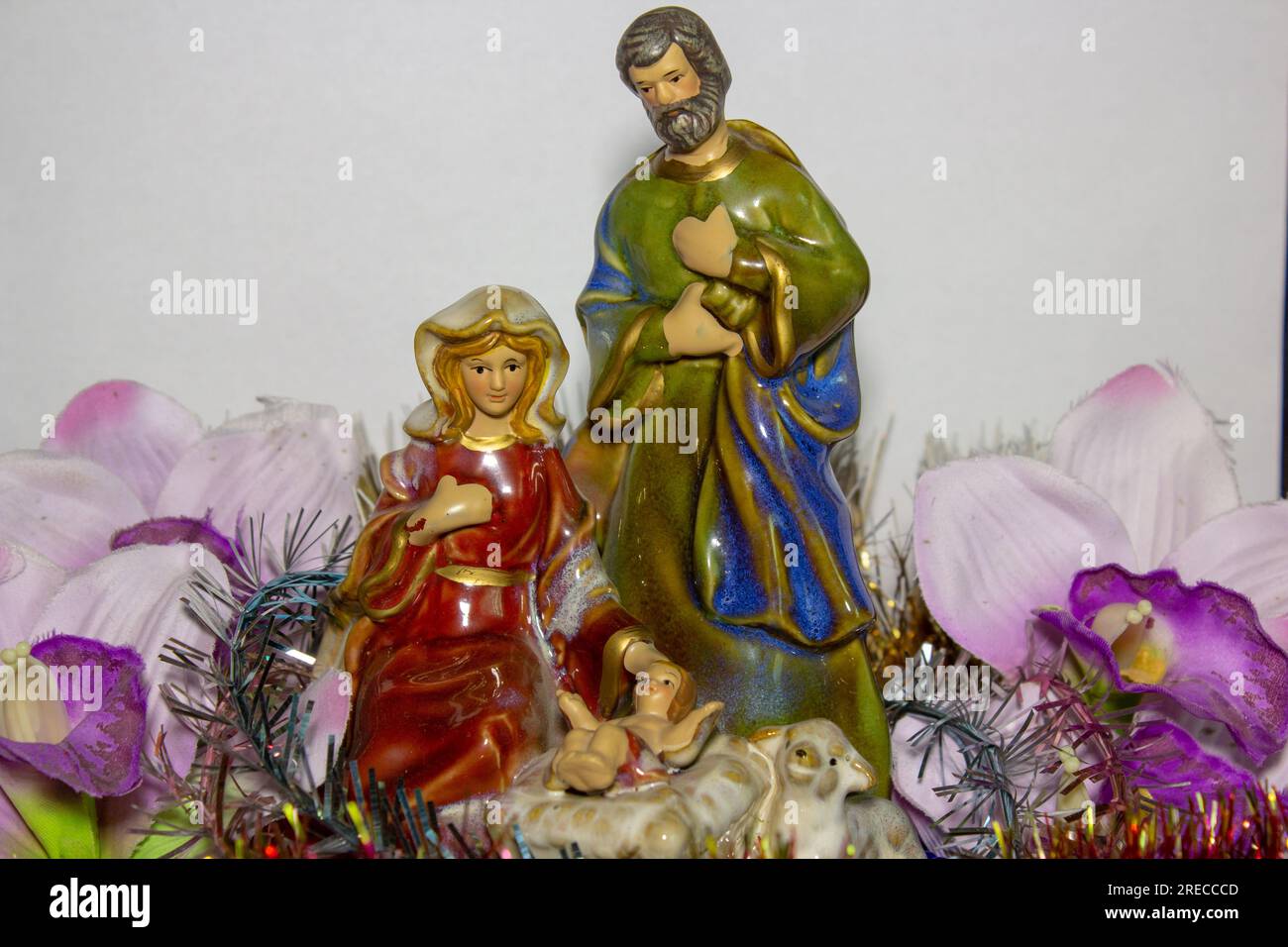 Christmas nativity scene represented with statuettes of Mary, Joseph and baby Jesus Stock Photo