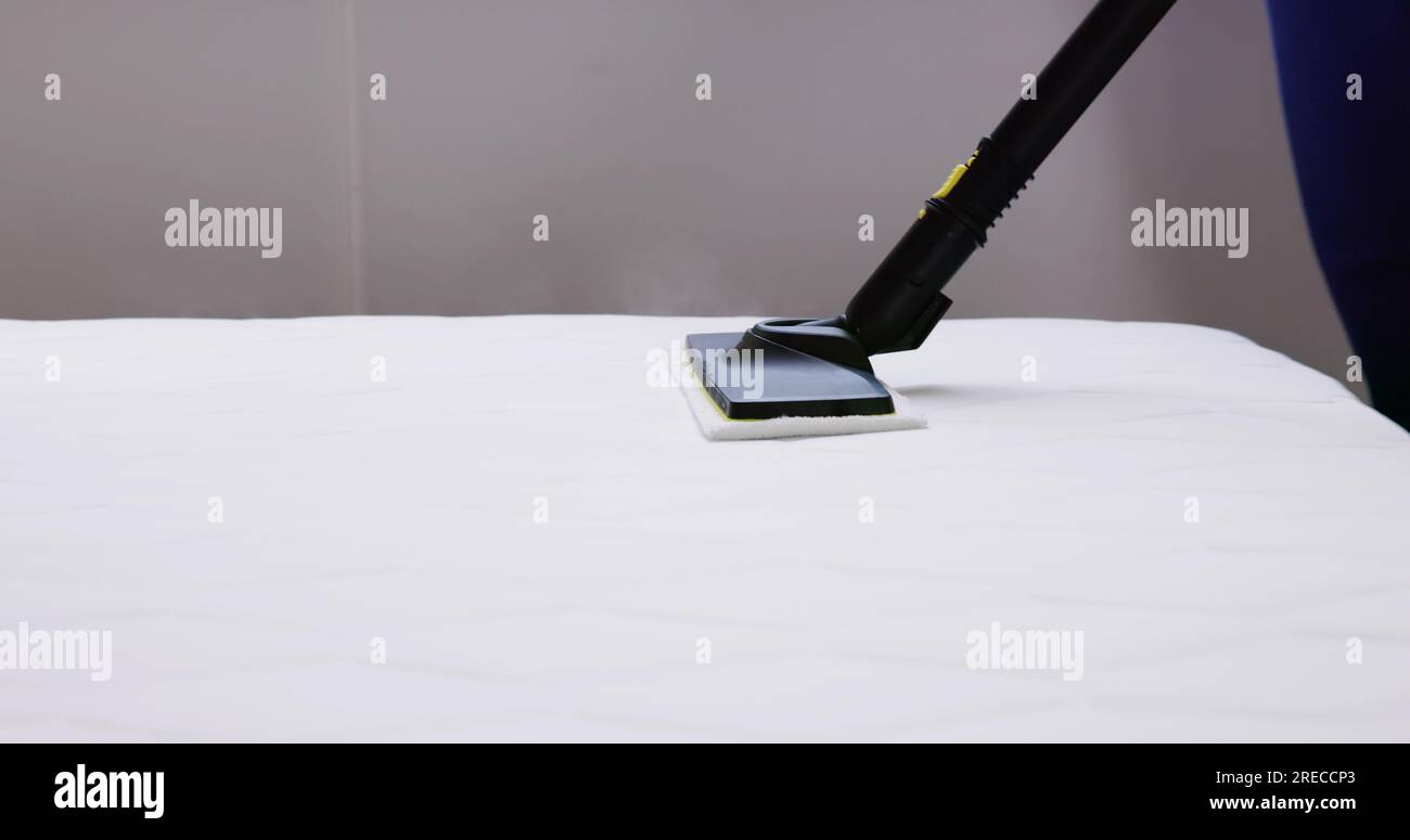 Cleaning Bed Mattress With Steam Machine. Bed Bugs Treatment Stock Photo