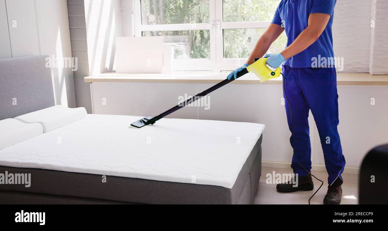 Cleaning Bed Mattress With Steam Machine. Bed Bugs Treatment Stock