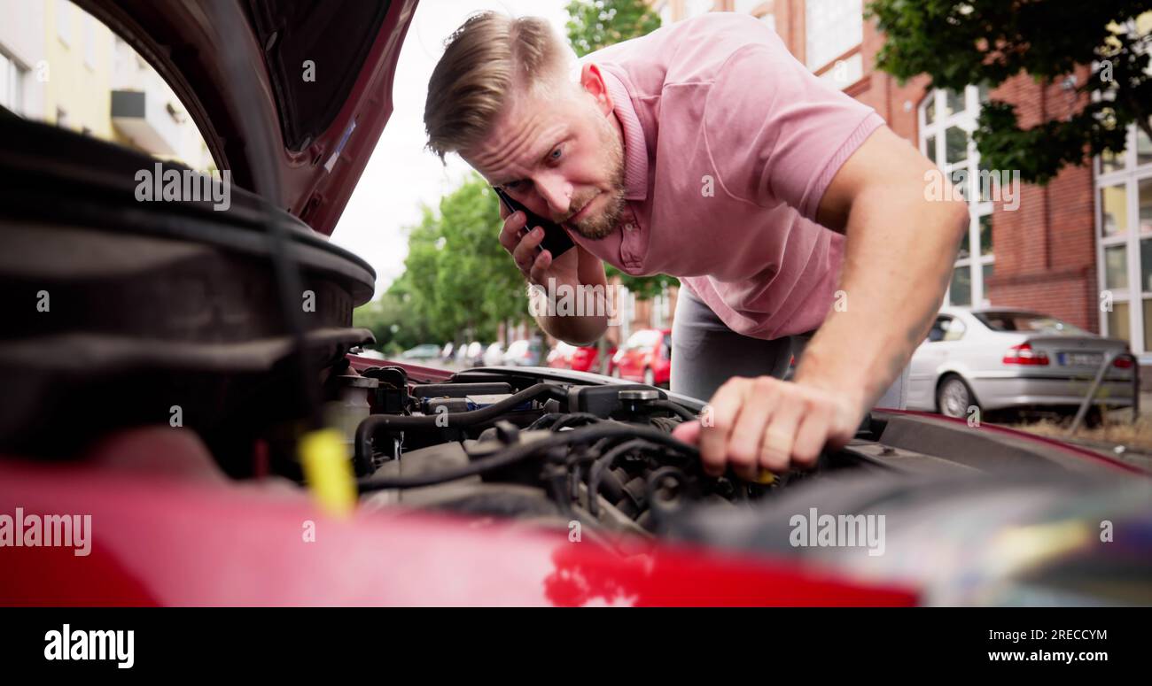 Car Breakdown. Man On Mobile Phone Calling Vehicle Service Stock Photo Alamy