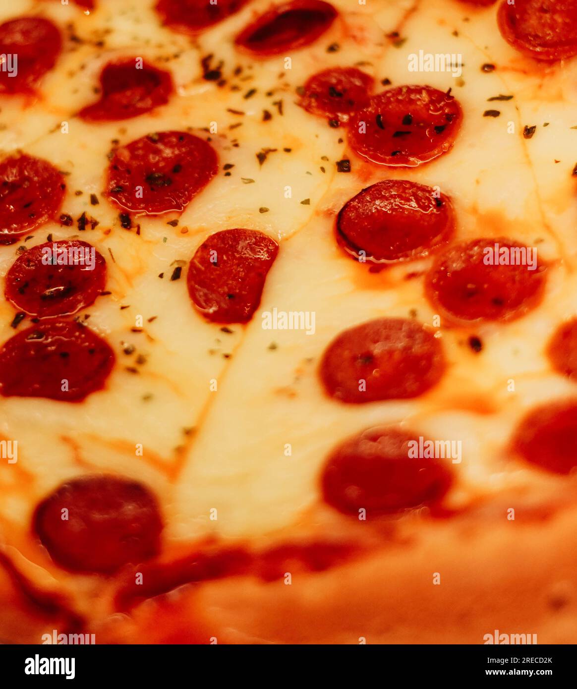 Italian thin crust pizza with spicy salami and mozzarella Stock Photo Alamy