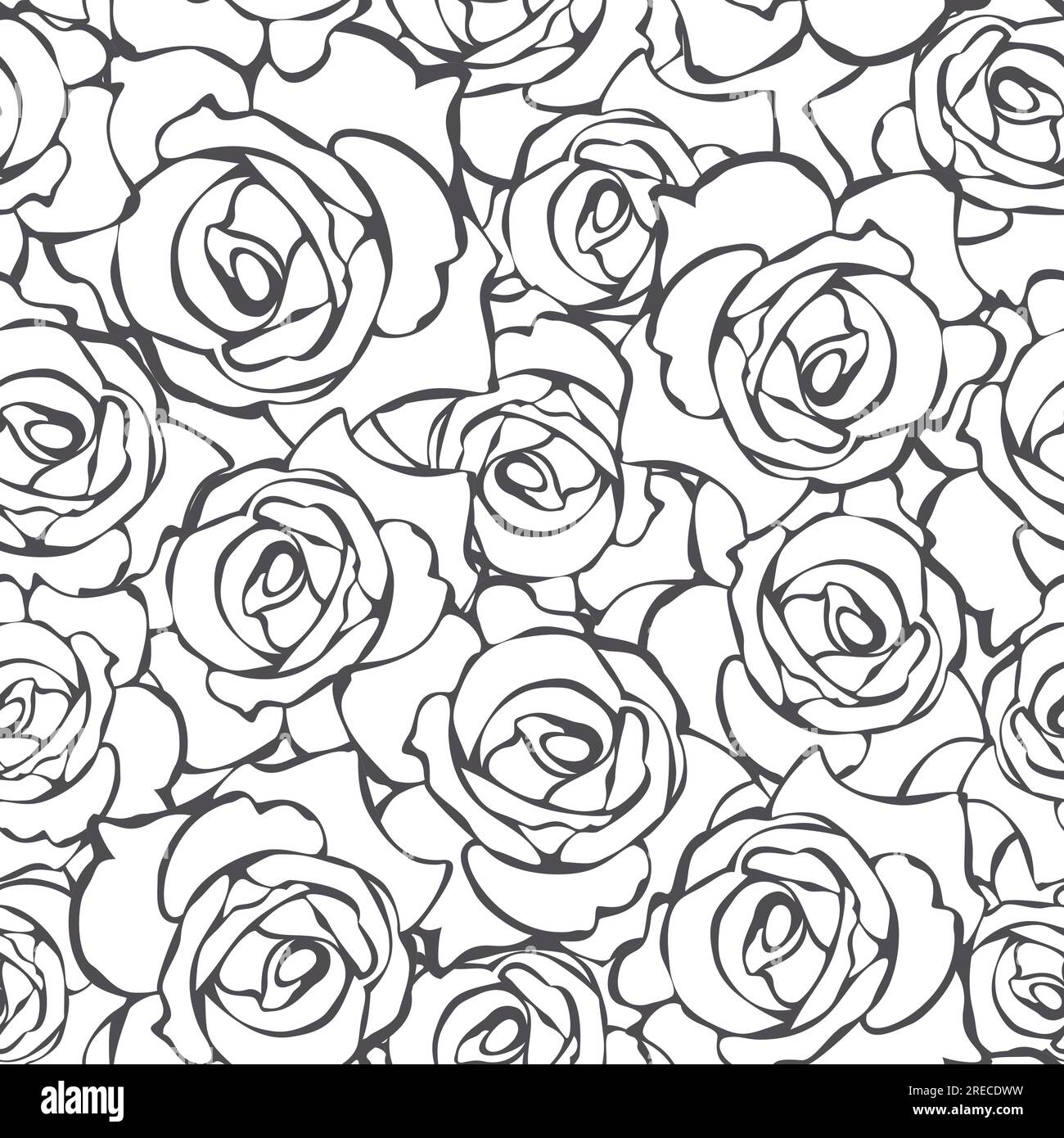 Floral pattern with rose flowers contours. Black and white seamless ...