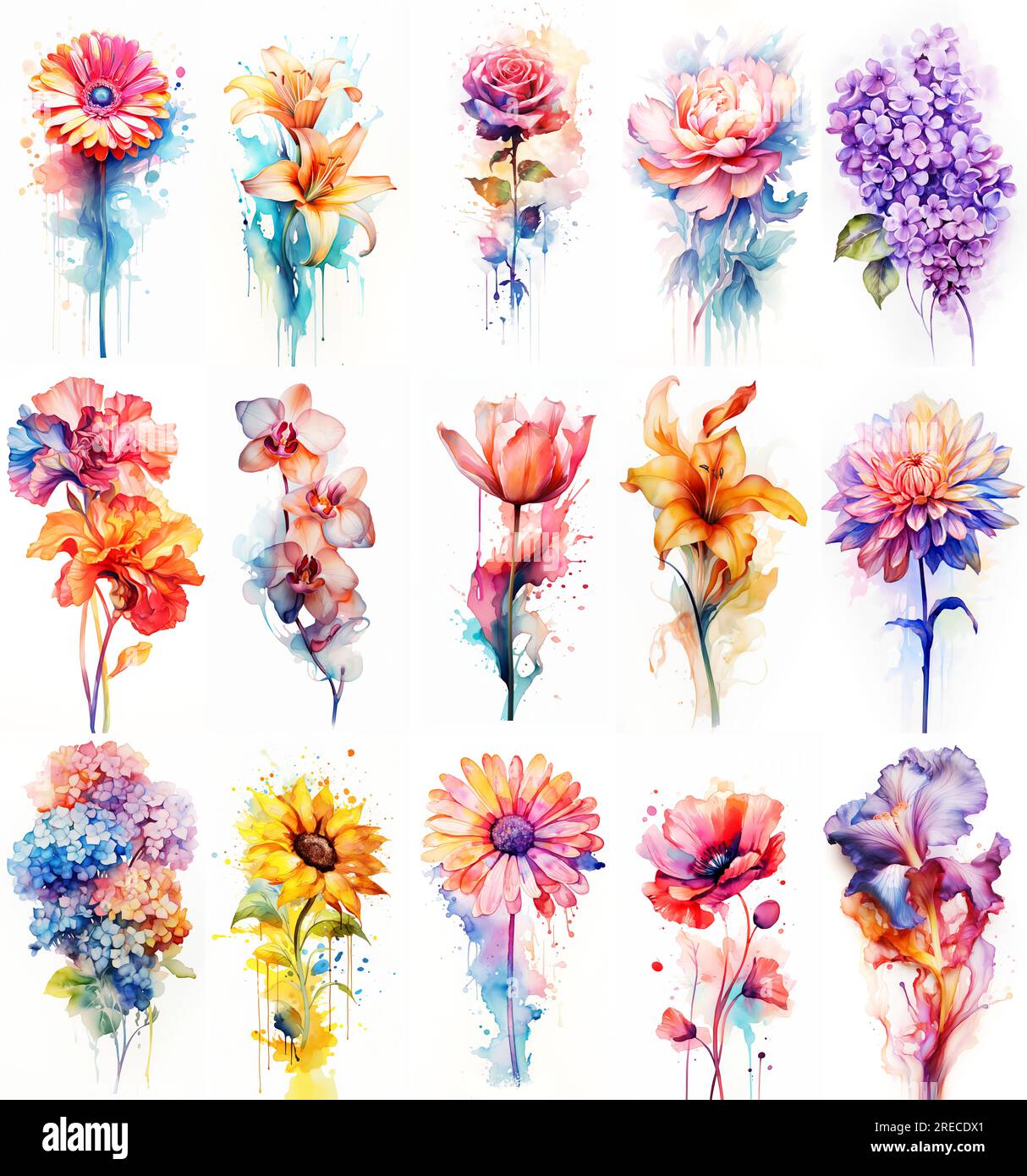 Set of flowers. Colorful watercolor art. Isolated on white background. Stock Photo
