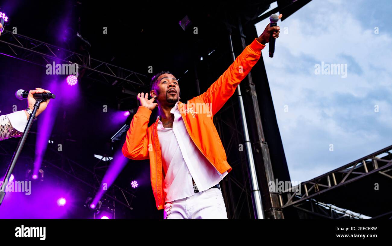 Edmonton, Canada. 25th July, 2023. As part of the I Love the 90's tour, Adam Emil of Color Me Badd performs on the Northlights Stage on day 3 of K-Days in Edmonton of it's 10 day run. Credit: SOPA Images Limited/Alamy Live News Stock Photo