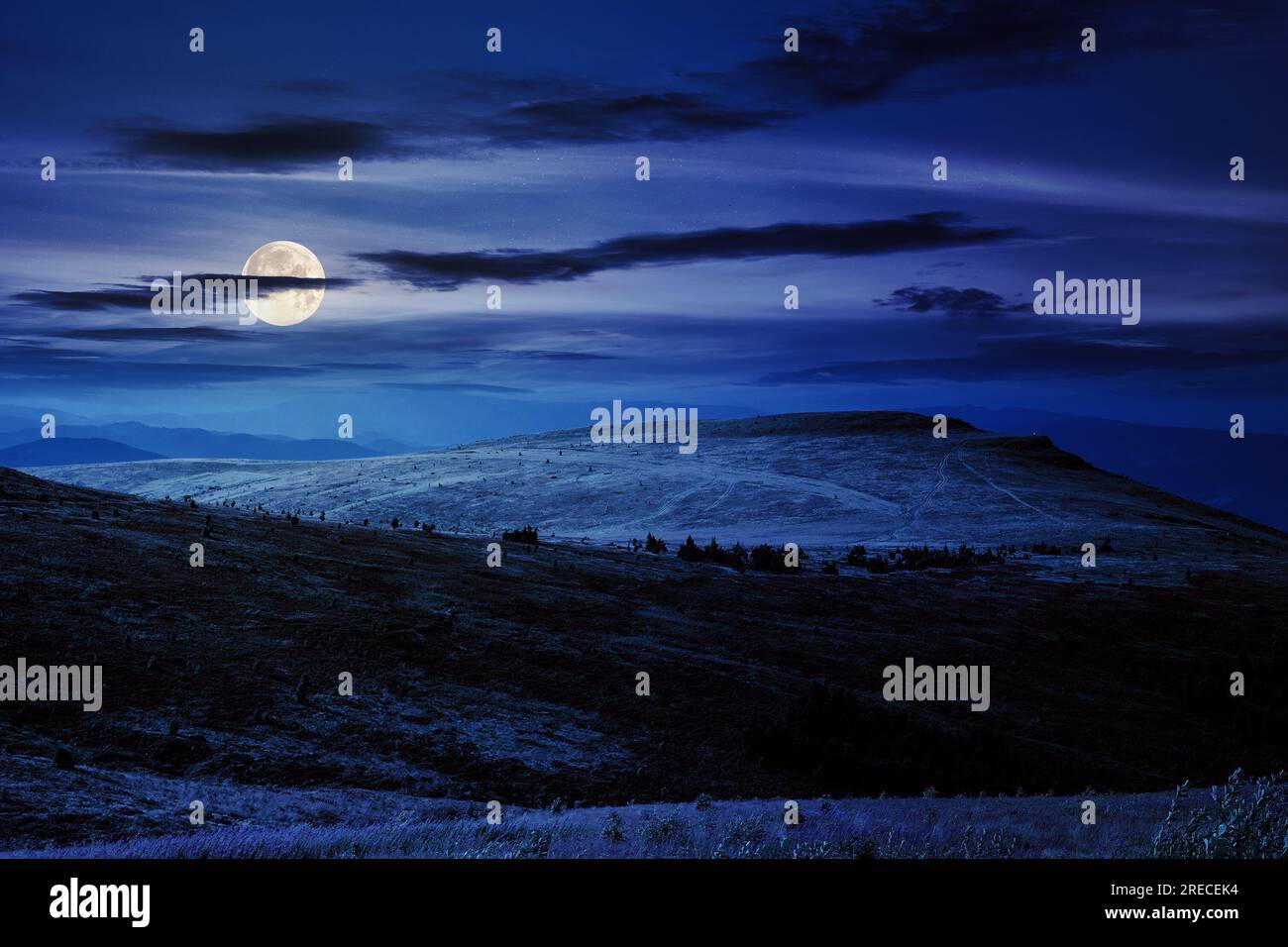 rolling hills on the slopes of high mountains at night. beautiful countryside scenery in full moon light Stock Photo