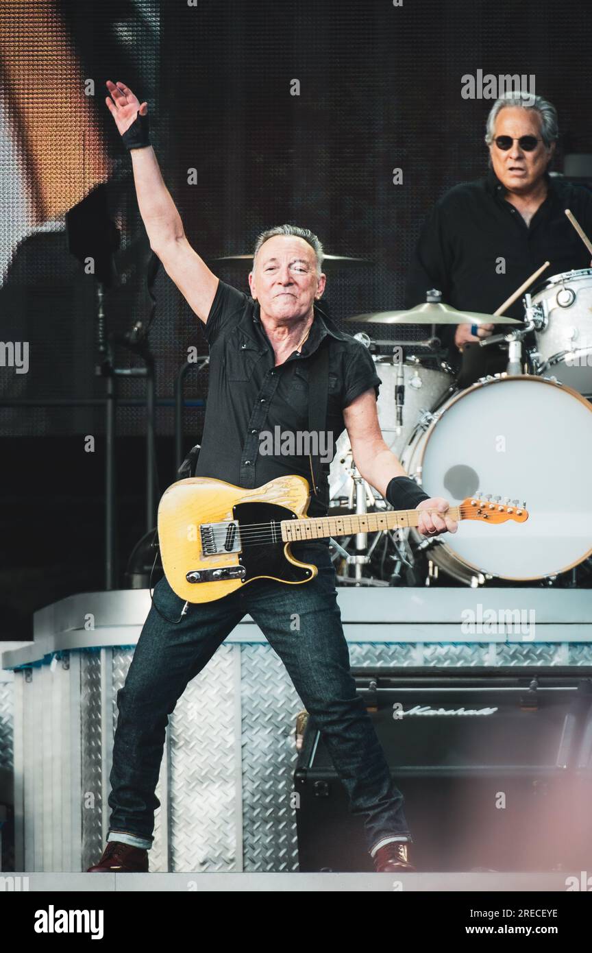 AUTODROMO DI MONZA, ITALY 2023: The American rock singer, songwriter and guitarist Bruce Springsteen (nicknamed 'The Boss”) performing live on stage at the Autodromo di Monza for the last concert of his tour 2023. Stock Photo