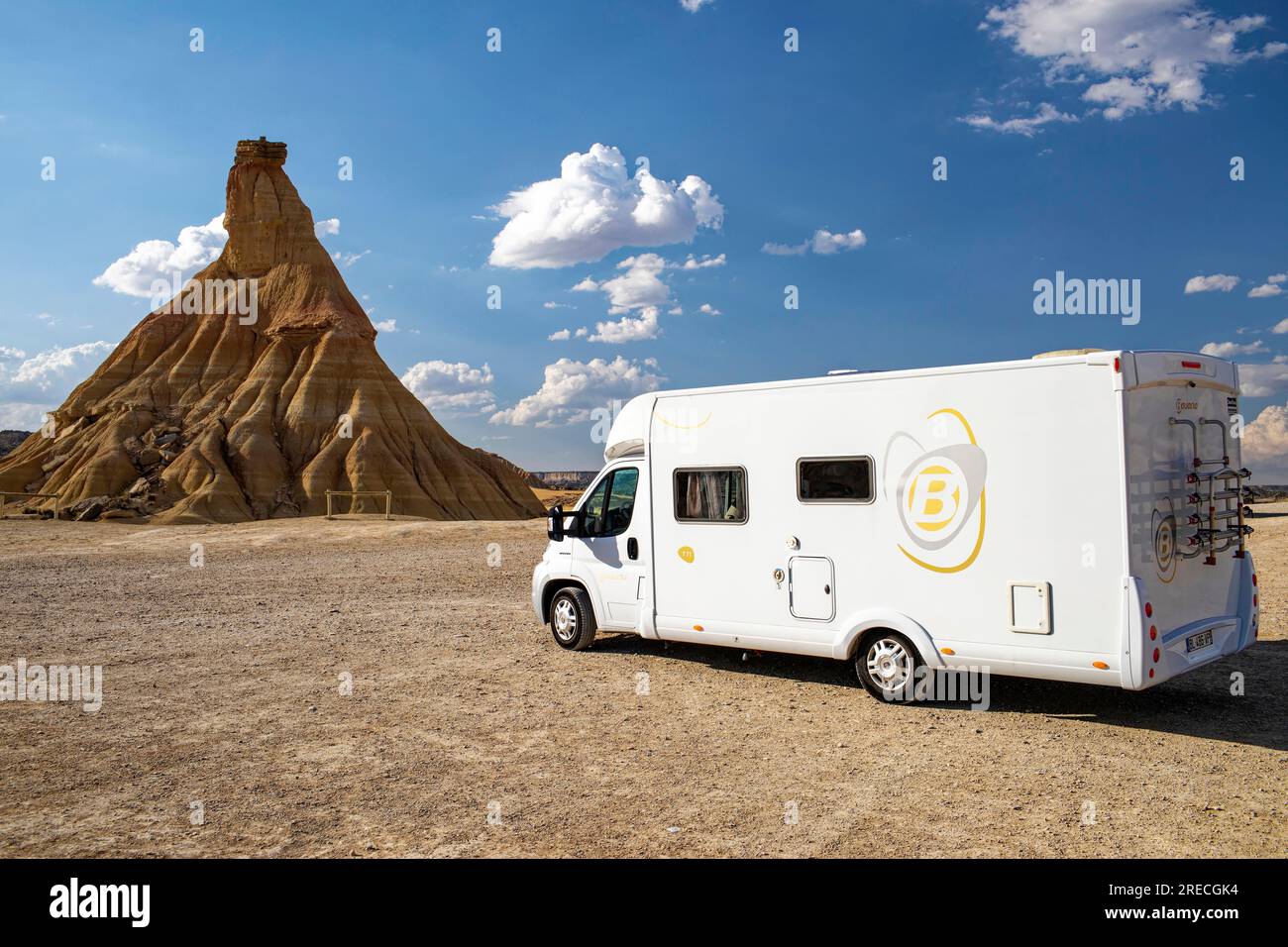 Spain: landscape, semi desert natural region of the Bardenas Reales,  Navarre. RV road trip in the Bardenas: camper van on a dirt track. Bavaria  motorh Stock Photo - Alamy