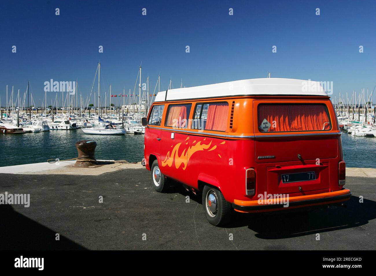 Vintage VW transporter, Kombi, T1, type 2 in the marina of Arcachon (south western France) Stock Photo