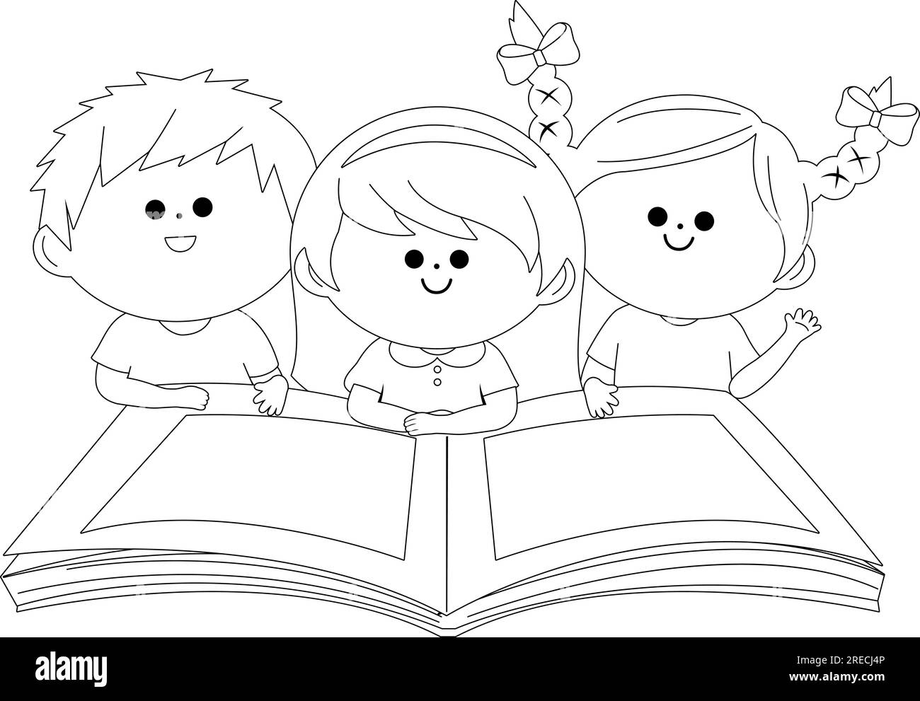 Children reading a book. Vector black and white coloring page. Stock Vector