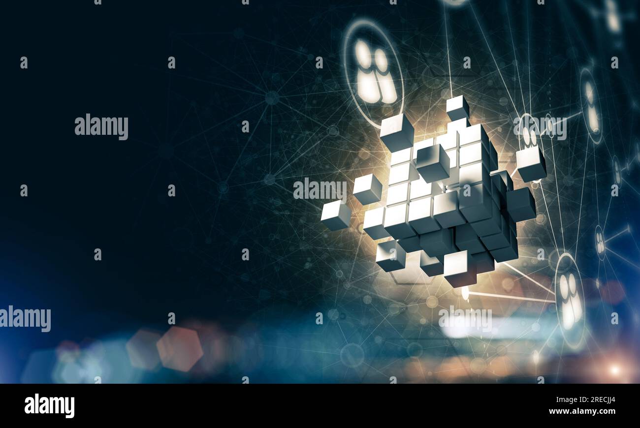 Concept of Internet and networking with digital cube figure on dark ...