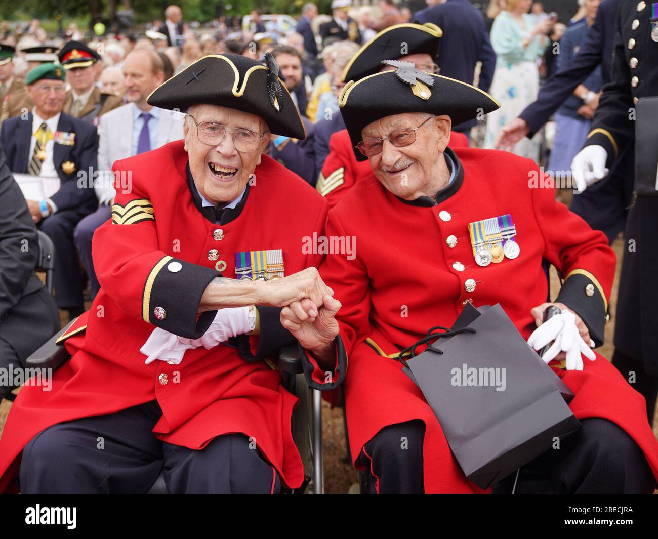 Chelsea Pensioners attend the Remembering Korea event, on Horse Guards Parade, London, part of nationwide commemorations to remember the sacrifice of British personnel who fought and died in the Korean War, marking the 70th anniversary of the armistice that ended the conflict. Picture date: Thursday July 27, 2023. Stock Photo