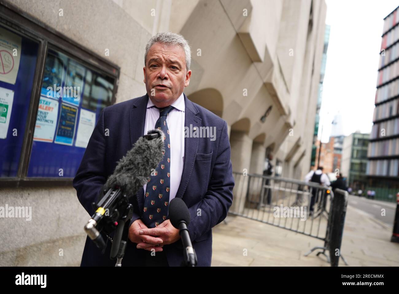 Chief Inspector of Railways, Ian Prosser, speaks to the media outside the Old Bailey, London, after Transport for London (TfL) was fined £10 million and Tram Operations Limited (TOL) fined £4 million at the Old Bailey for health and safety failings leading up to the Croydon tram disaster in which seven passengers died. Picture date: Thursday July 27, 2023. Stock Photo