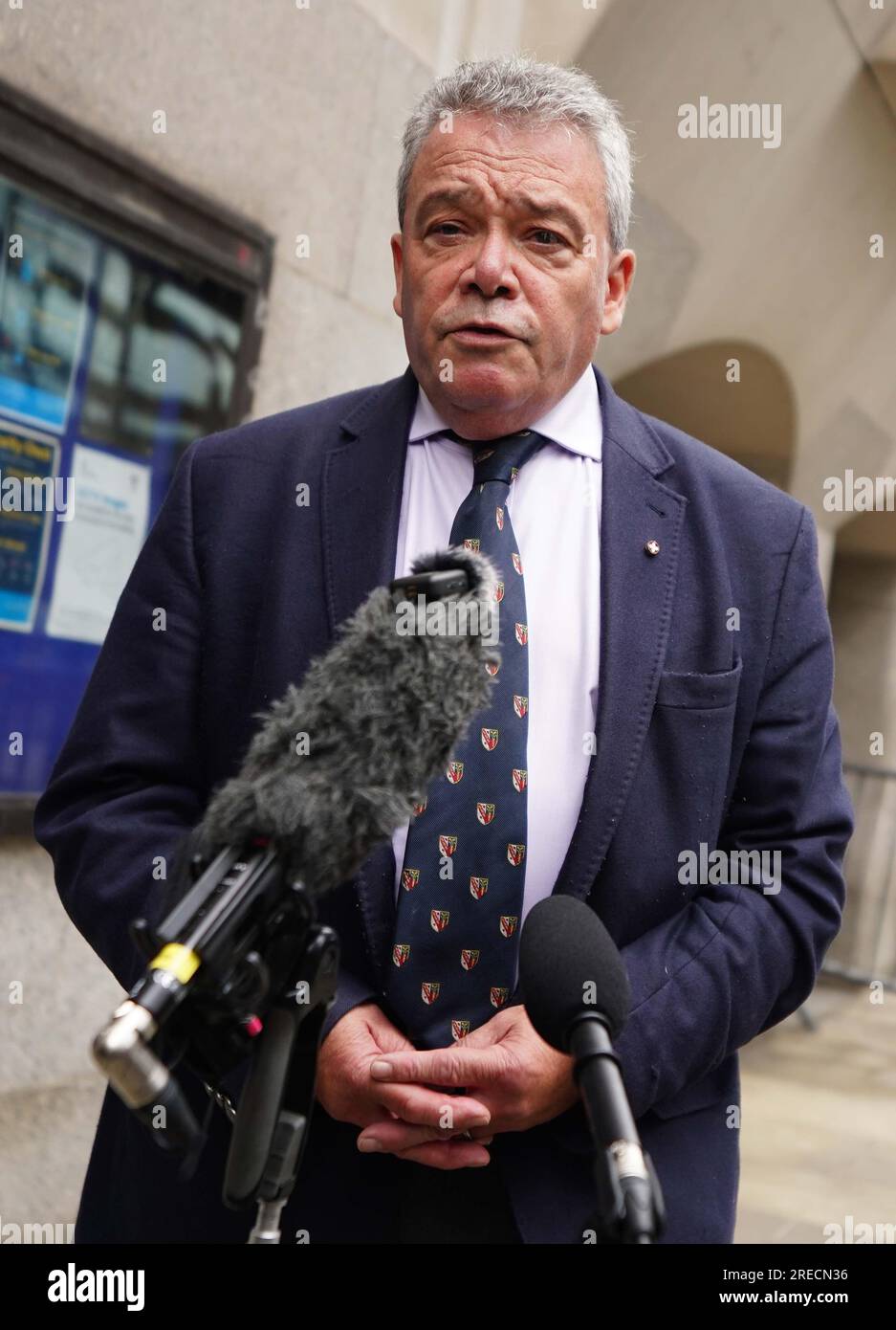 Chief Inspector of Railways, Ian Prosser, speaks to the media outside the Old Bailey, London, after Transport for London (TfL) was fined £10 million and Tram Operations Limited (TOL) fined £4 million at the Old Bailey for health and safety failings leading up to the Croydon tram disaster in which seven passengers died. Picture date: Thursday July 27, 2023. Stock Photo