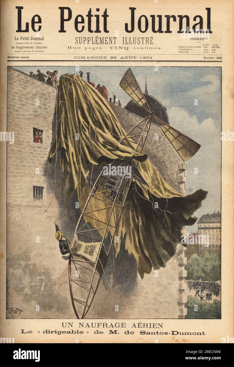 Naufrage aerien d' Alberto Santos Dumont (1873-1932), pionnier bresilien de l'aviation, concepteur des premiers ballons dirigeables, alors qu'il concourrait pour le prix Deutsch, pour le trajet aller-retour de Saint Cloud a la Tour Eiffel en moins de 30 minutes par les airs, mais son ballon a accroche le toit d'une maison du quai de Passy, l'aeronaute n'est pas blesse et s'engage a reconcourrir sous moins de 15 jours. Gravure in 'Le petit journal' 2581901.  . Stock Photo