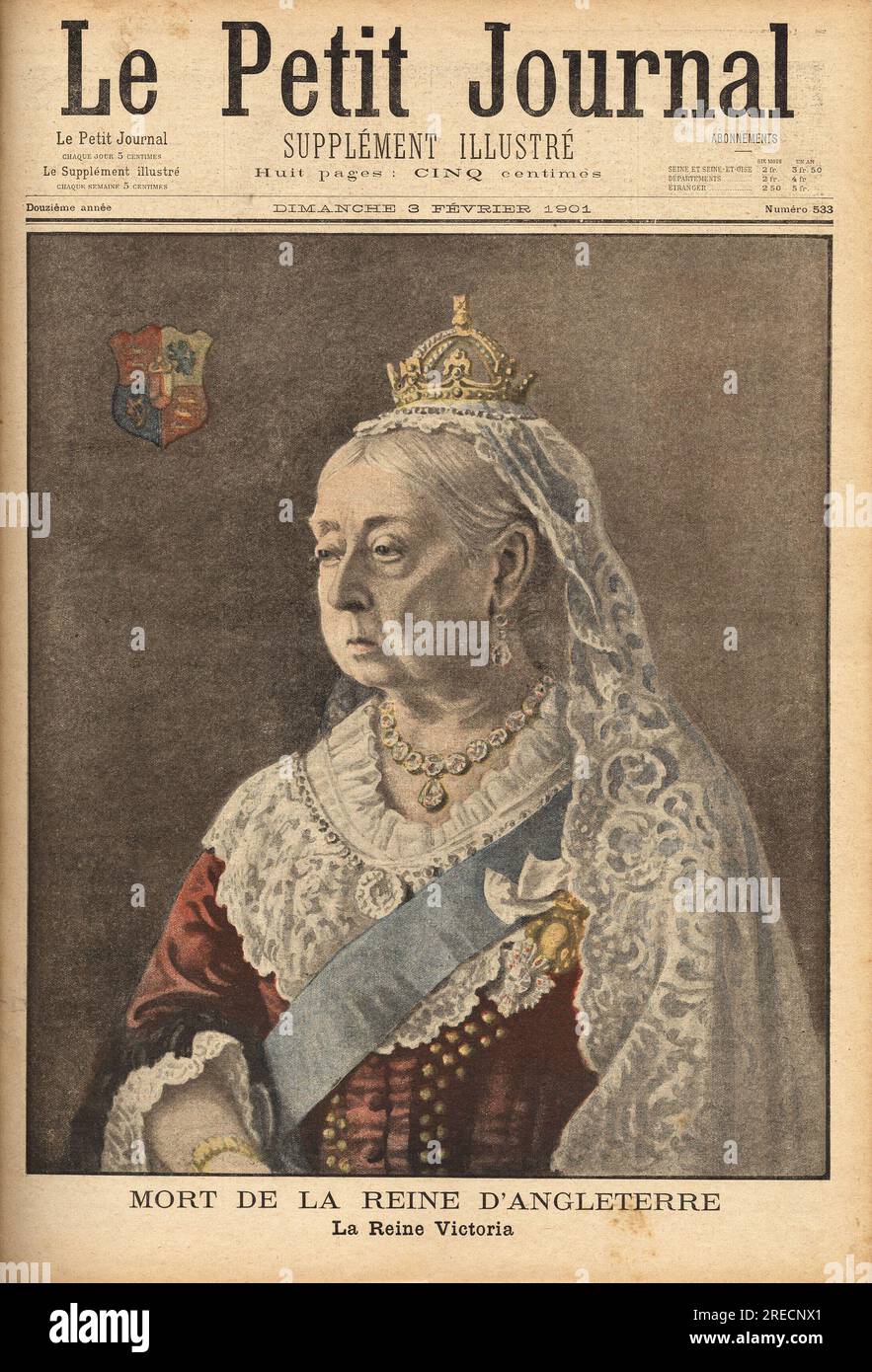 Portrait de la Reine Victoria de Hanovre ( 1919-1901), reine du Royaume Uni d'Angleterre et d'Irlande et imperatrice des Indes, lors de  la celebration de ses funerailles; son regne de 63 ans est le plus long de tous, lui succede son fils, Edouard prince de Galles ( 1841-1901), sous le nom d'Edouard VII. Gravure in "Le petit journal" 321901.  . Stock Photo