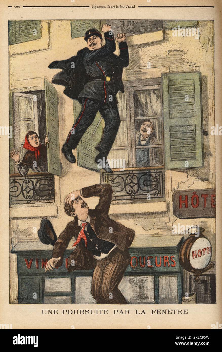 Un agent de police de Montreuil n'hesite pas a se jeter par la fenetre pour poursuivre un cambrioleur, qui vient lui meme de sauter pour echapper a ses poursuivants. Gravure in 'Le petit journal' 17121899.  . Stock Photo