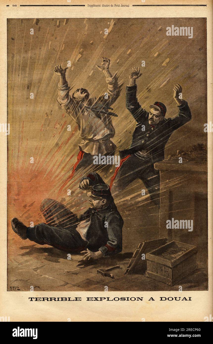 Terrible accident dans un hangar d'artillerie a Douai, la maladresse de trois artificiers a fait exploser une reserve de poudre, dont la detonation a detruit les fenetre des batiments jusqu'a 200 metres alentours. Gravure in 'Le petit journal' 1221899.  . Stock Photo