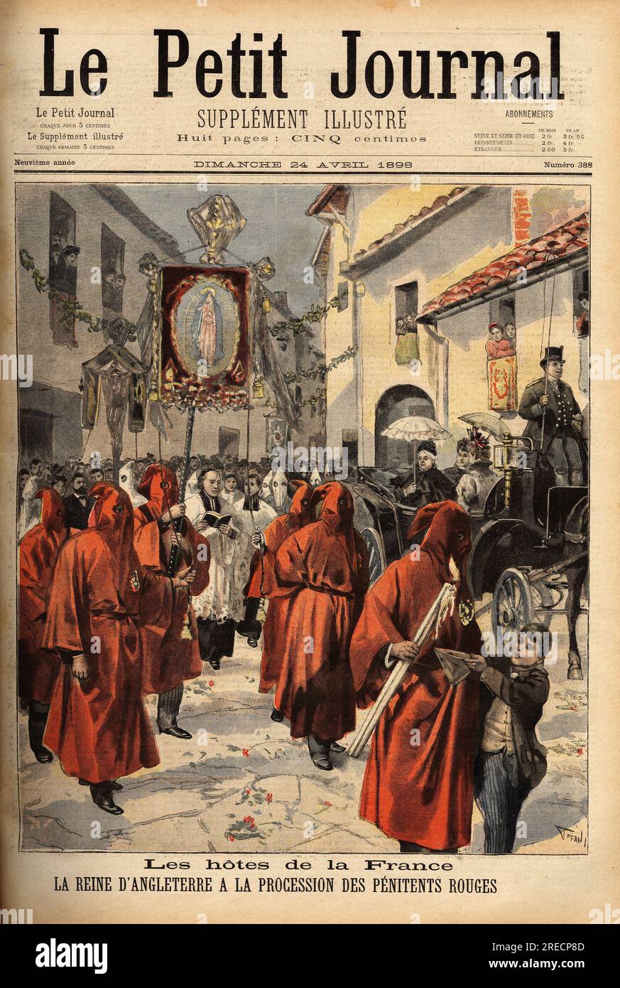 La reine Victoria du Royaume Uni ( 1819-1901) assistant a la procession des penitents rouges, a Nice. Gravure in 'Le petit journal' 2441898.  . Stock Photo