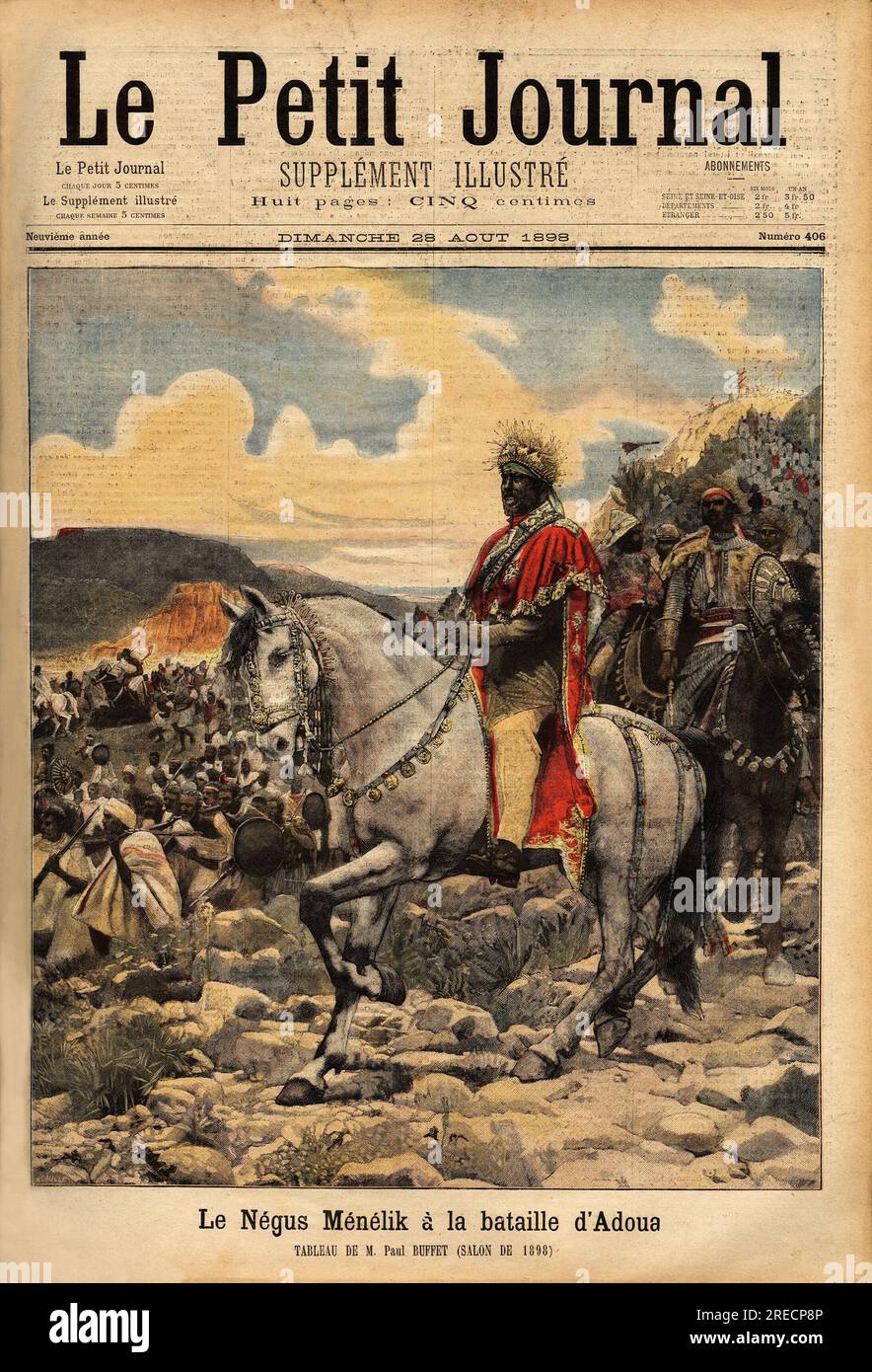 Le negus Menelik II ( 1844-1913) souverain d'ethiopie, vainqueur a la bataille d'Adoua en 1896, contre les troupes coloniales italiennes. Gravure in 'Le petit journal' 2881898.  . Stock Photo