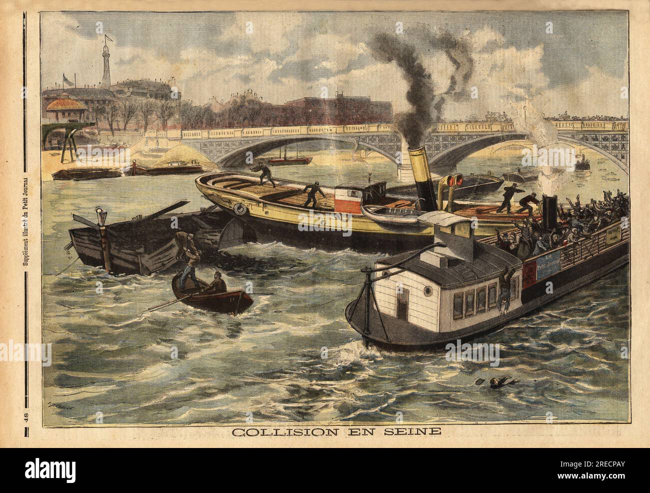 Collision sur la Seine entre un bateau a vapeur anglais et une peniche omnibus de Paris, a la hauteur du pont royal. Gravure in 'Le petit journal' 7021897.  . Stock Photo
