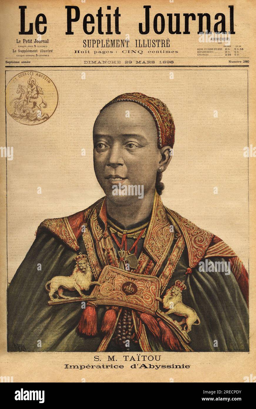Portrait de l'imperatrice Taytu Betul (Taitou, 1851-1918), qui epouse en 1883 Menelik II d'Ethiopie (1844-1913); avec qui elle n'aura pas de descendance . Gravure in 'Le petit journal' 29031896. Stock Photo