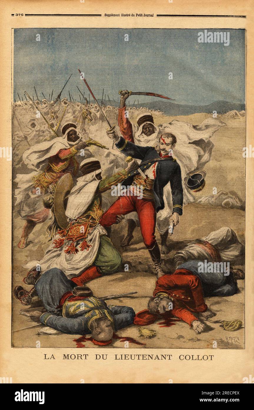 Mort du lieutenant Collot, charge d'une mission geographique dans le sud d'El Golea, a proximite du fort de Miribel ( departement d'Oran en Algerie), lui et son escorte de spahis succombent a l'attaque des Chambaas. Gravure in 'Le petit journal' 1896. Stock Photo