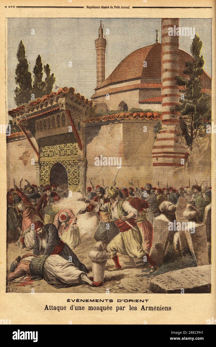 Attaque d'une mosquee par les armeniens a Constantinople ( Turquie). Gravure in 'Le petit journal' 24111895. Stock Photo