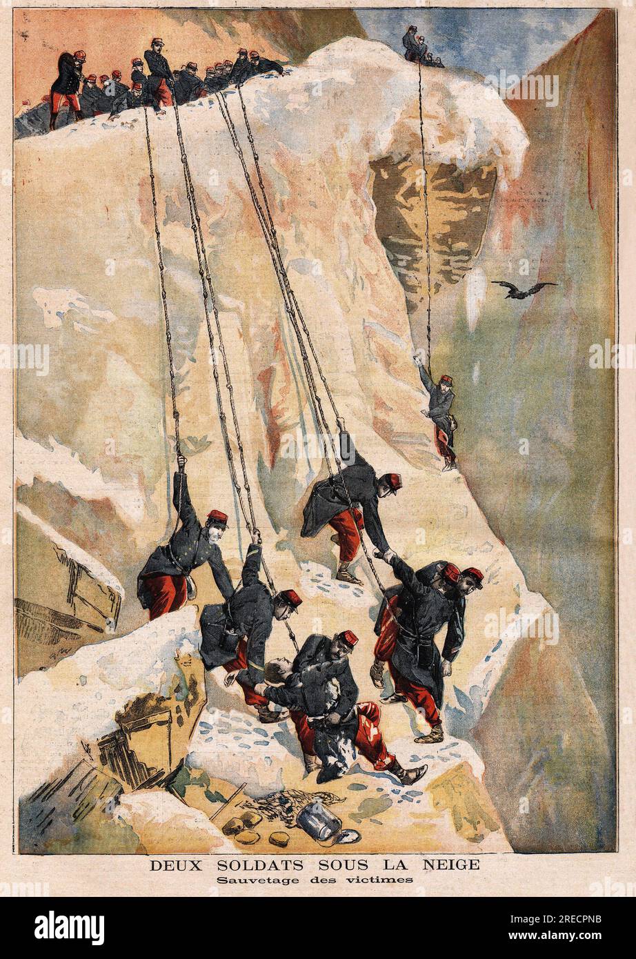 Sauvetage de 2 soldats du 97eme regiment de ligne, en mission de surveillance sur la frontiere, victimes d'une avalanche causee par la fonte des neige du printemps. Gravure in 'Le petit journal' 14051894. Stock Photo